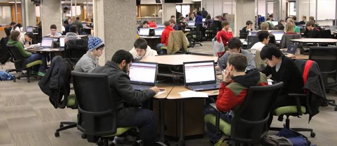 Students studying in a library